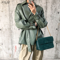 FTLZZ nowa wiosna jesień kobiety Faux PU skórzane casualowe w stylu Streetwear znosić skóra motocyklowa kurtka z paskiem zielona kurtka na rower 1